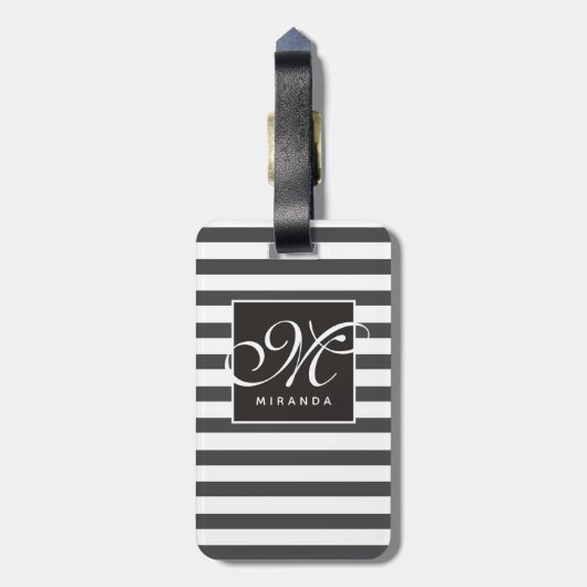 Classic Grey and White Striped Script Monogram Bagagelabel (Achterkant verticaal)