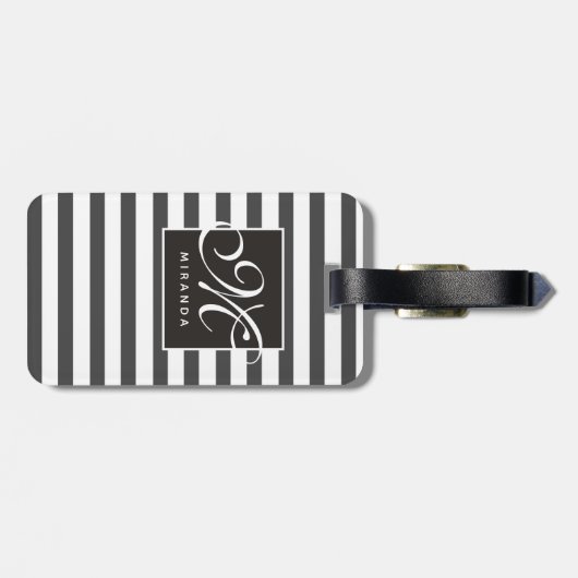 Classic Grey and White Striped Script Monogram Bagagelabel (Achterkant horizontaal)