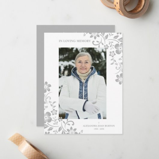 Classic Grey Floral Funeral Service Dear One Photo Notitiekaartje (Voorkant / Achterkant in situ)