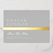 Classic Grey Golden Stripe Foto Bewaar de datum Folie Uitnodiging (Voorkant)