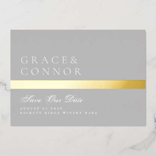 Classic Grey Golden Stripe Foto Bewaar de datum Folie Uitnodiging (Voorkant)