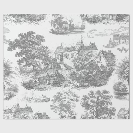 Classic grijs  Frans Country Toile Cadeaupapier (Vlak)