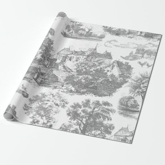 Classic grijs  Frans Country Toile Cadeaupapier (Uitgerold)