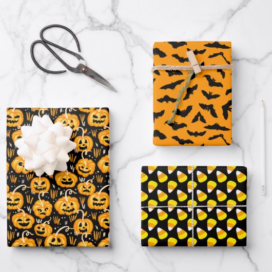 Classic Halloween Patterns - Zwart en Sinaasappel Inpakpapier Vel (Voorkant)