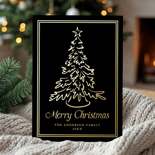 Classic Hand-Drawn Christmas Tree Black Non-Photo Folie Feestdagenkaart