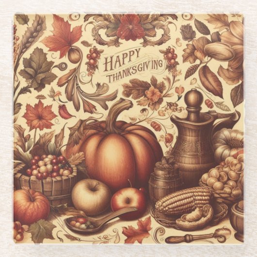 /Classic Happy Thanksgiving Glazen Onderzetter (Voorkant)