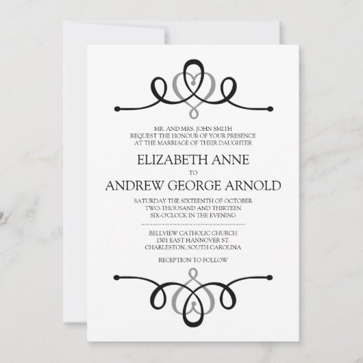 Classic Heart Gray Traditional Wedding Invitation Kaart (Voorkant)