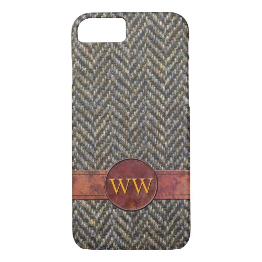 Classic Herringbone Tweed en Leather Monogram Case-Mate iPhone Case (Achterkant)