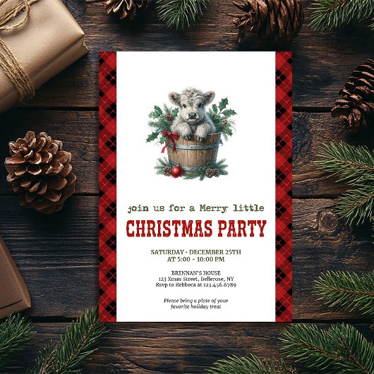 Classic highland cow Christmas invite red florals Kaart