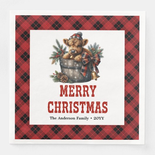 Classic highland cow red black tartan napkins servet (Voorkant)