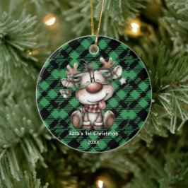 Classic Holiday Green Checkered Pattern Custom Keramisch Ornament