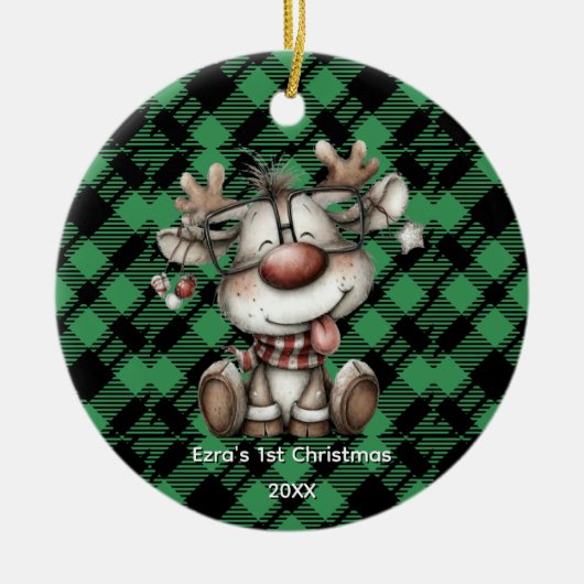 Classic Holiday Green Checkered Pattern Custom Keramisch Ornament (Voorkant)