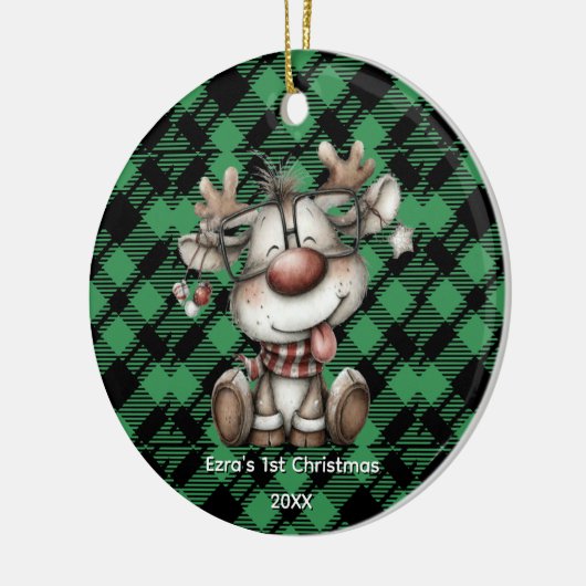 Classic Holiday Green Checkered Pattern Custom Keramisch Ornament (Links)