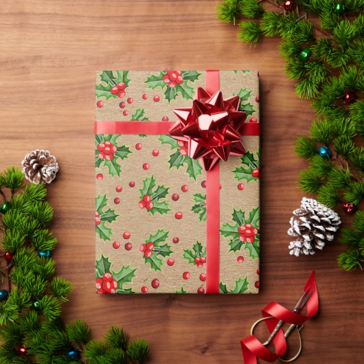 Classic Holiday Green Holly Red Berries Cadeaupapier (Feestdagen Geschenken)