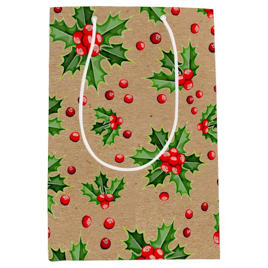 Classic Holiday Green Holly Red Berries Medium Cadeauzakje (Voorkant)