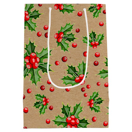 Classic Holiday Green Holly Red Berries Medium Cadeauzakje (Achterkant)