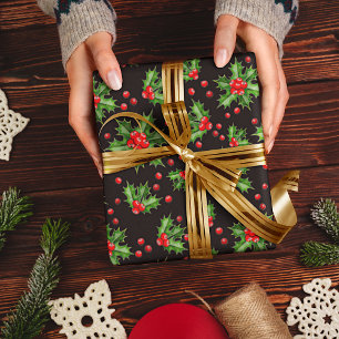 Classic Holiday Green Holly Red Berries Patroon Cadeaupapier