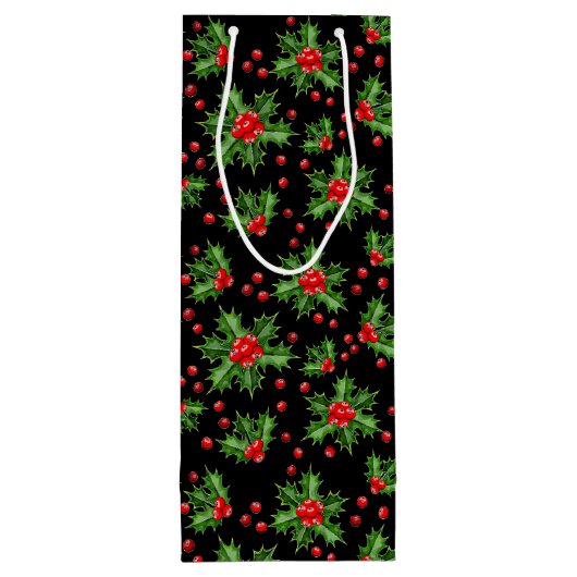 Classic Holiday Green Holly Red Berries Patroon Wijn Cadeautas (Achterkant)