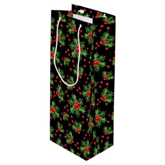 Classic Holiday Green Holly Red Berries Patroon Wijn Cadeautas (Voorkant Gekanteld)