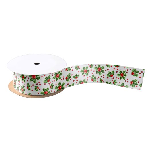 Classic Holiday Green Holly Red Berries Satijnen Lint (Spoel)