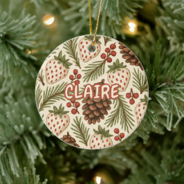 Classic Holiday Pine Berries Bloemen Rood Groen Keramisch Ornament