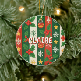 Classic Holiday Red Green Stripes Sterren Sneeuwvl Keramisch Ornament