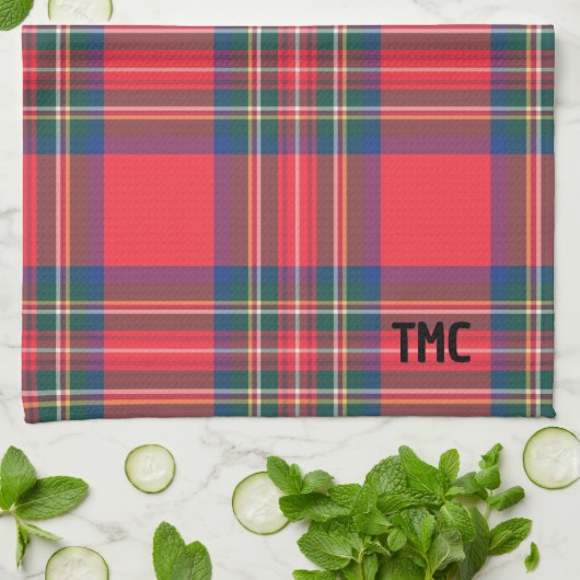 Classic Holiday Red Tartan Plaid INITIALEN Feestel Theedoek (Gevouwen)