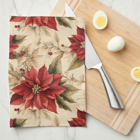 Classic Holiday Tea Towel Rustic Red Floral Style Theedoek (Quarter Fold)