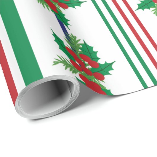 Classic Holly and Stripes Cadeaupapier (Rol Hoek)