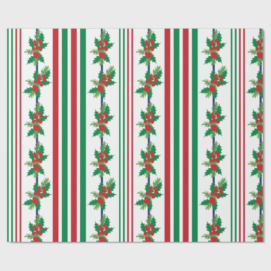 Classic Holly and Stripes Cadeaupapier (Vlak)