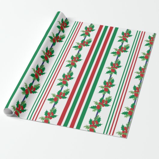 Classic Holly and Stripes Cadeaupapier (Uitgerold)
