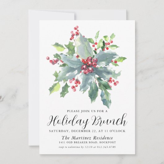 Classic Holly Berry Greenery Holiday Brunch Kaart (Voorkant)