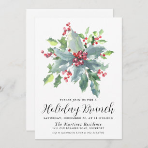 Classic Holly Berry Greenery Holiday Brunch Kaart