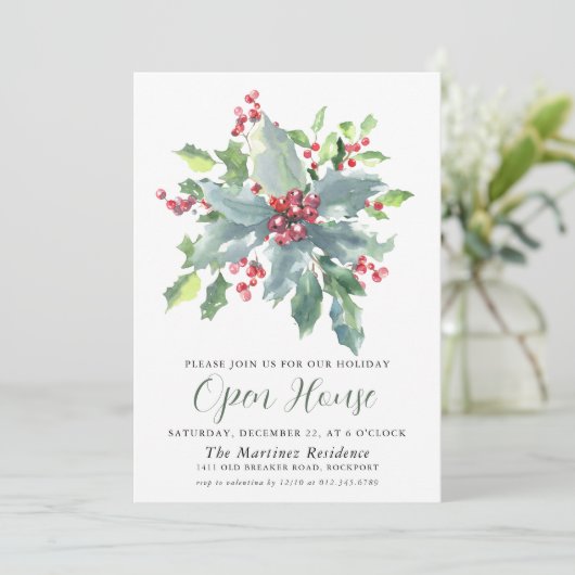Classic Holly Berry Greenery Holiday Open House Kaart (Staand voorkant)
