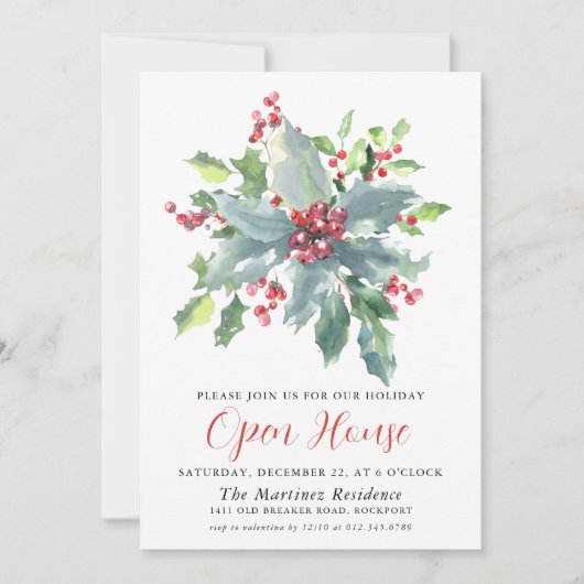 Classic Holly Berry Greenery Holiday Open House Kaart (Voorkant)