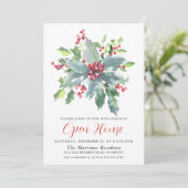 Classic Holly Berry Greenery Holiday Open House Kaart (Staand voorkant)