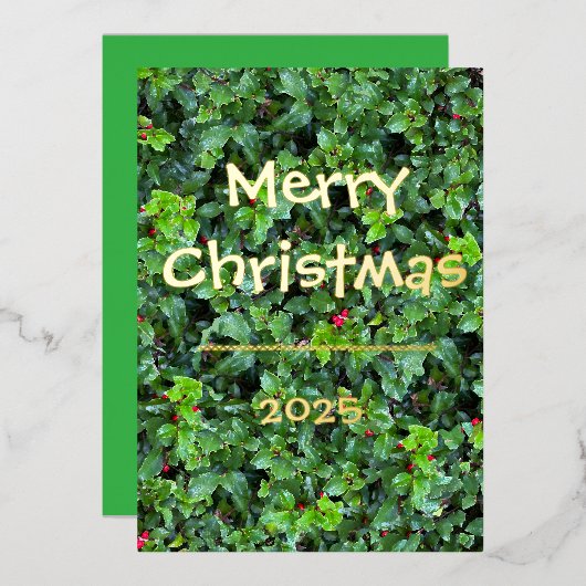 Classic Holly Berry Greenery Red Berries Card Folie Feestdagenkaart (Voorkant / Achterkant)
