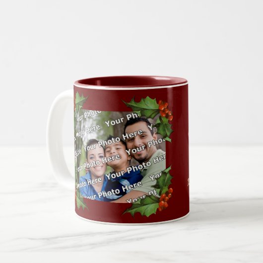 Classic Holly Border Christmas Photo Mug Tweekleurige Koffiemok (Voorkant links)