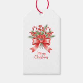 Classic Holly Candy Cane Christmas Bow Gift Tag Cadeaulabel