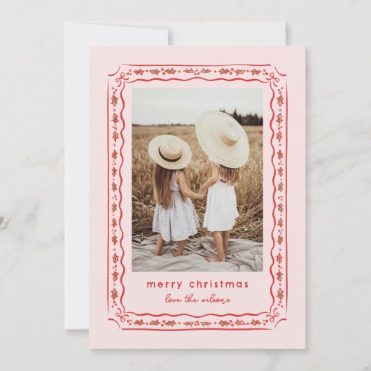 Classic Holly Painted Frame Pink Red Photo Feestdagenkaart (Voorkant)