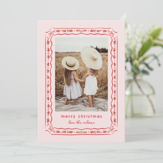 Classic Holly Painted Frame Pink Red Photo Feestdagenkaart (Staand voorkant)