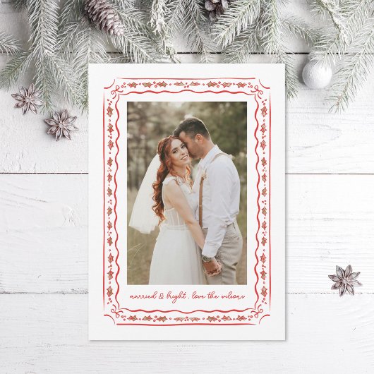 Classic Holly Painted Frame Wedding Photo Feestdagenkaart