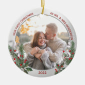 Classic Holly Pine Silver Lijst Foto Passen getrou Keramisch Ornament (Voorkant)