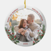 Classic Holly Pine Silver Lijst Foto Passen getrou Keramisch Ornament (Achterkant)