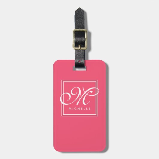 Classic Hot Pink en White Script-monogram Bagagelabel (Voorkant verticaal)