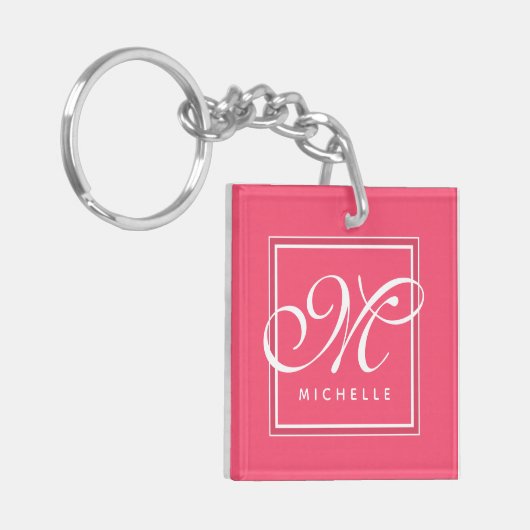Classic Hot Pink en White Script-monogram Sleutelhanger (Voorkant Links)