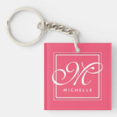 Classic Hot Pink en White Script-monogram Sleutelhanger (Voorkant)