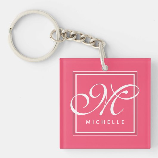 Classic Hot Pink en White Script-monogram Sleutelhanger (Voorkant)