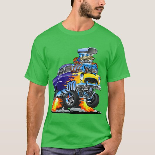Classic Hotrod Muskar Flames Big Engine T-shirt (Voorkant)