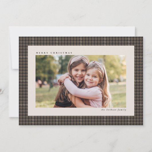 Classic houndstooth lijst preppy één foto bruin feestdagenkaart (Voorkant)